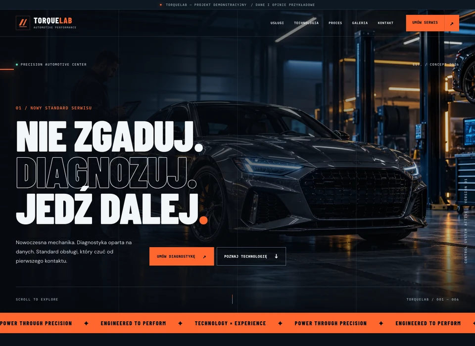 Podgląd strony TorqueLab dla branży: warsztat samochodowy