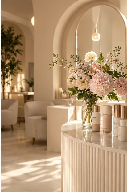 Jasne, nastrojowe wnętrze atelier beauty — wizualizacja
