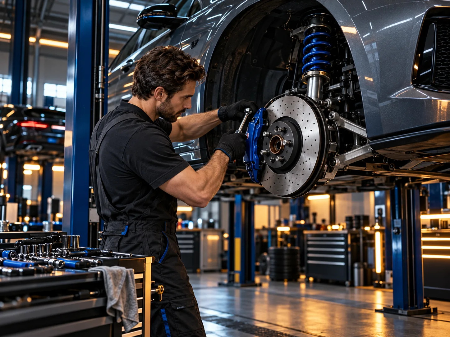 Mechanik serwisuje sportowy układ hamulcowy